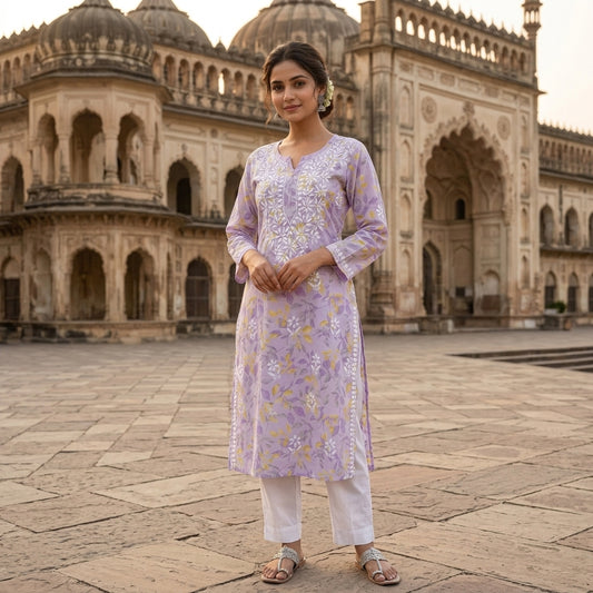 “Lilac Garden" Printed Chikankari Kurta Set