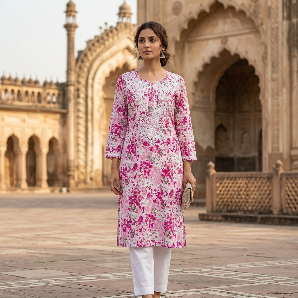 "Fuchsia Bloom" Printed Chikankari Kurti