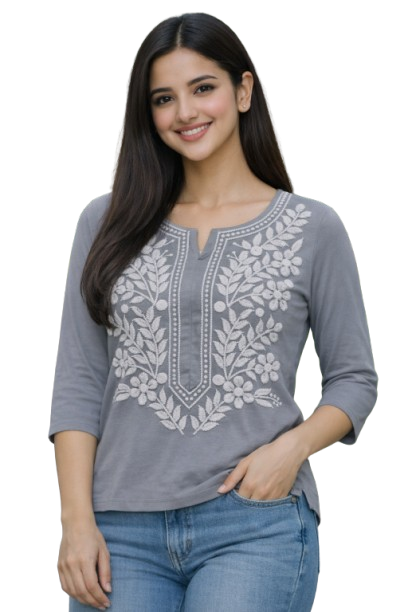 Elegant Steel Gray Lucknawi Chikan Kurta