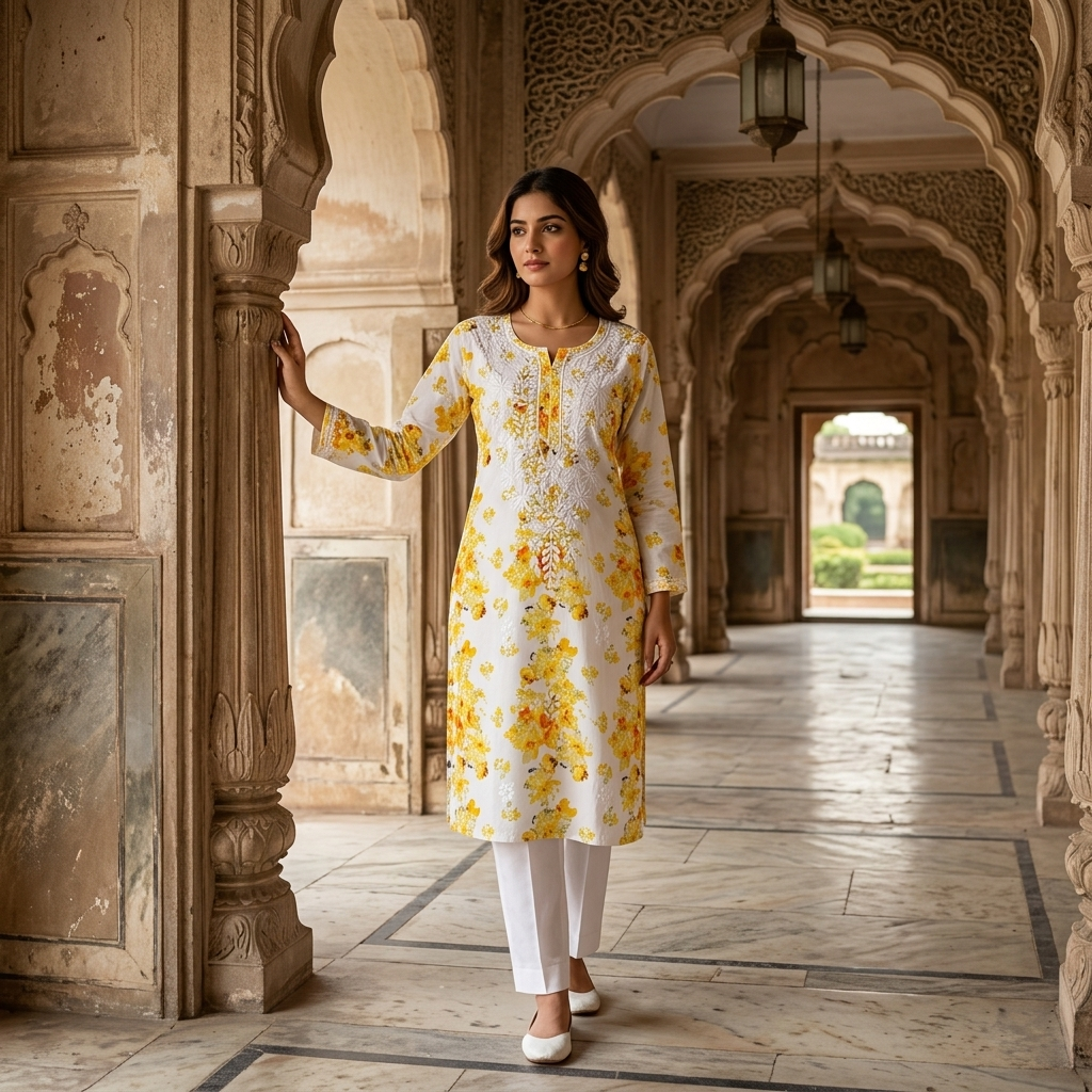 "Marigold Meadows" Chikankari Printed Cotton Kurti